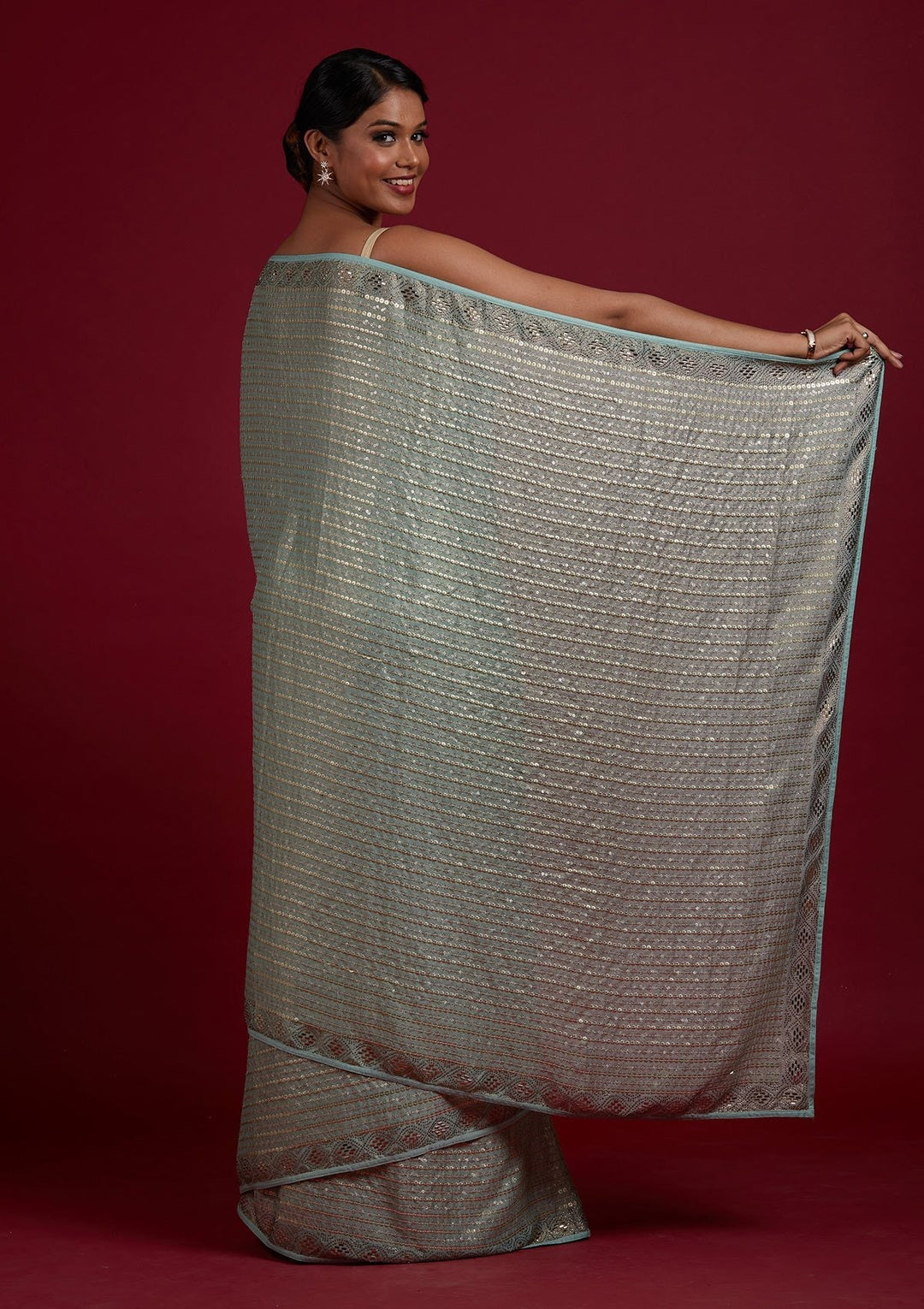 Sea Green Sequins Shimmer Designer Saree - Koskii