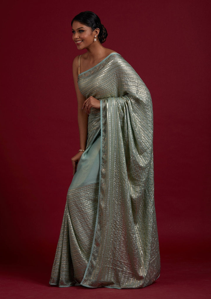 Sea Green Sequins Shimmer Designer Saree - Koskii