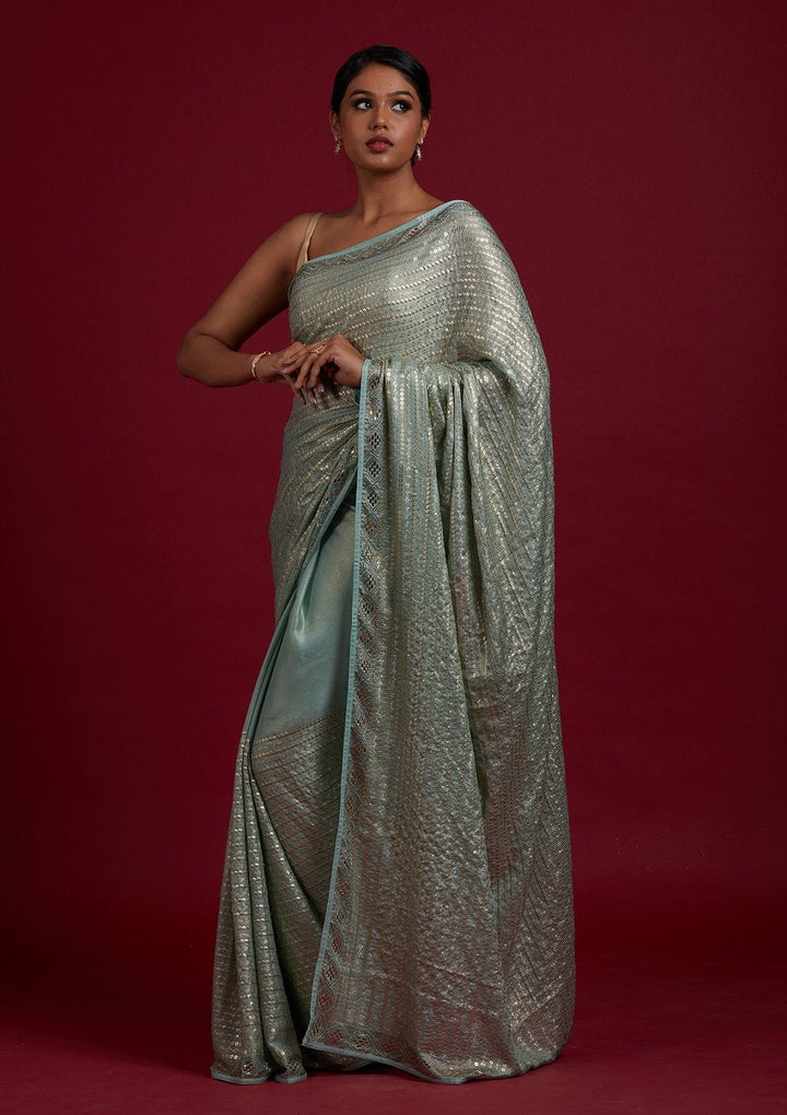 Sea Green Sequins Shimmer Designer Saree - Koskii