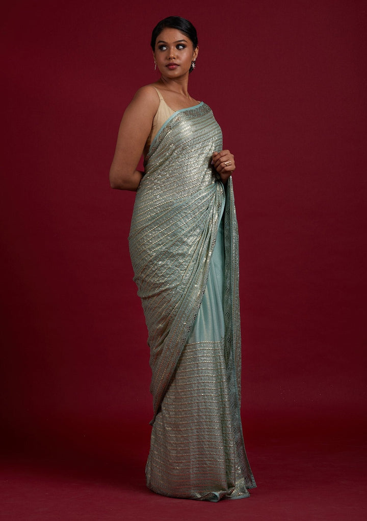 Sea Green Sequins Shimmer Designer Saree - Koskii