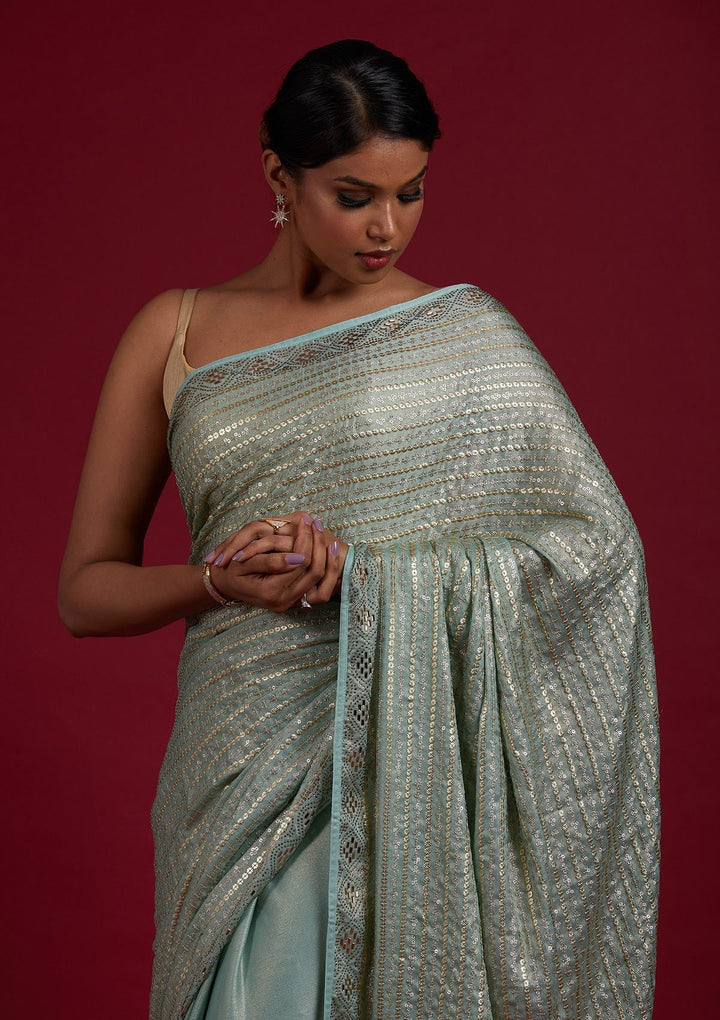 Sea Green Sequins Shimmer Designer Saree - Koskii