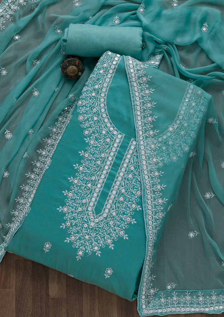 Sea Green Silver Stonework Cotton Semi-Stitched Salwar Suit-Koskii