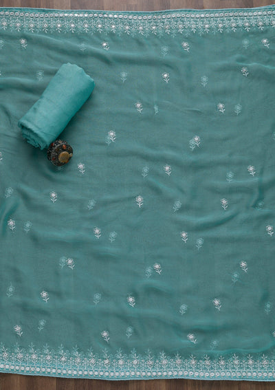 Sea Green Silver Stonework Cotton Semi-Stitched Salwar Suit-Koskii