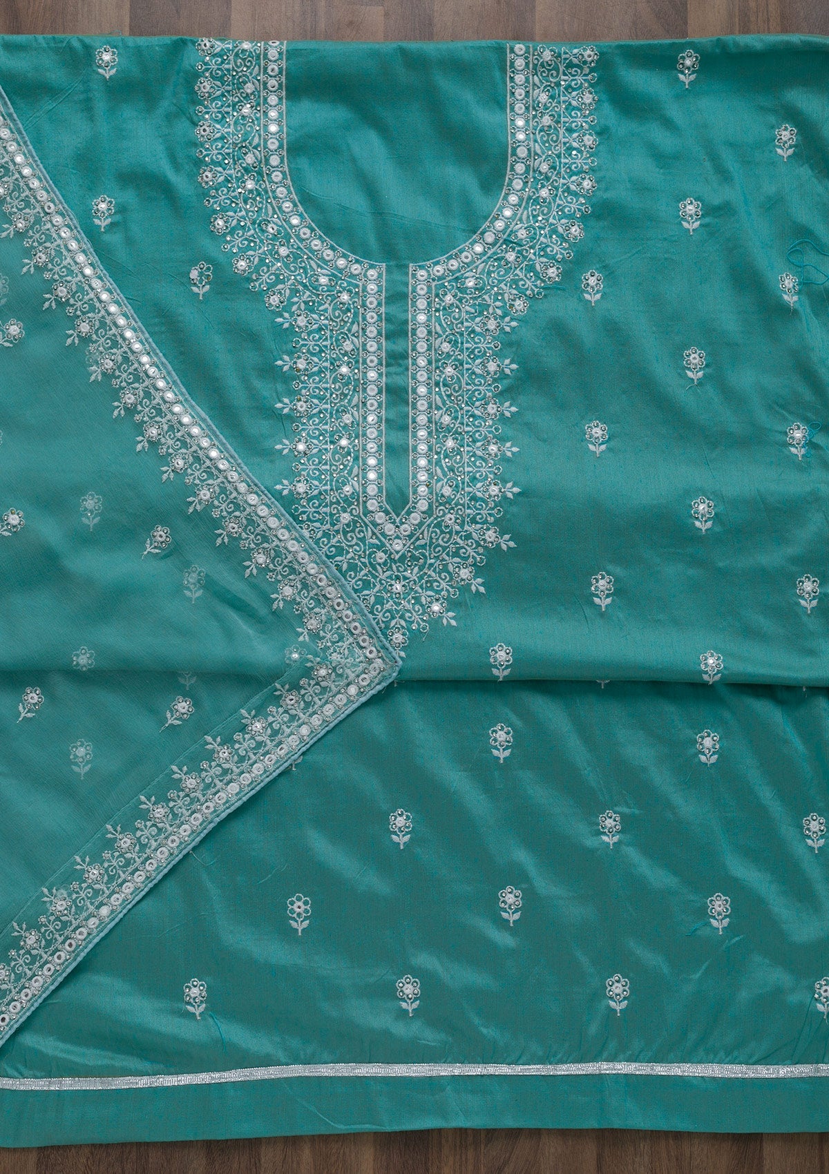 Sea Green Silver Stonework Cotton Semi-Stitched Salwar Suit-Koskii