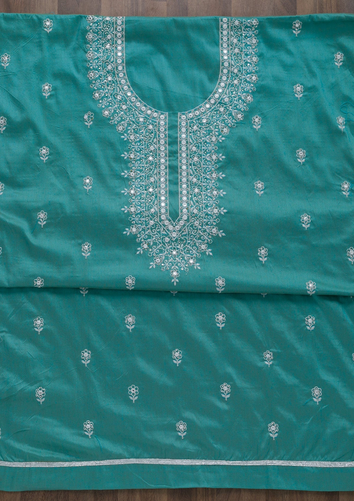 Sea Green Silver Stonework Cotton Semi-Stitched Salwar Suit-Koskii