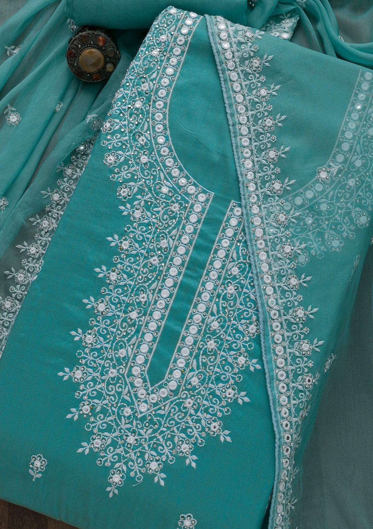 Sea Green Silver Stonework Cotton Semi-Stitched Salwar Suit-Koskii