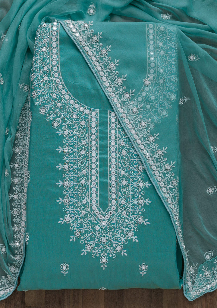 Sea Green Silver Stonework Cotton Semi-Stitched Salwar Suit-Koskii