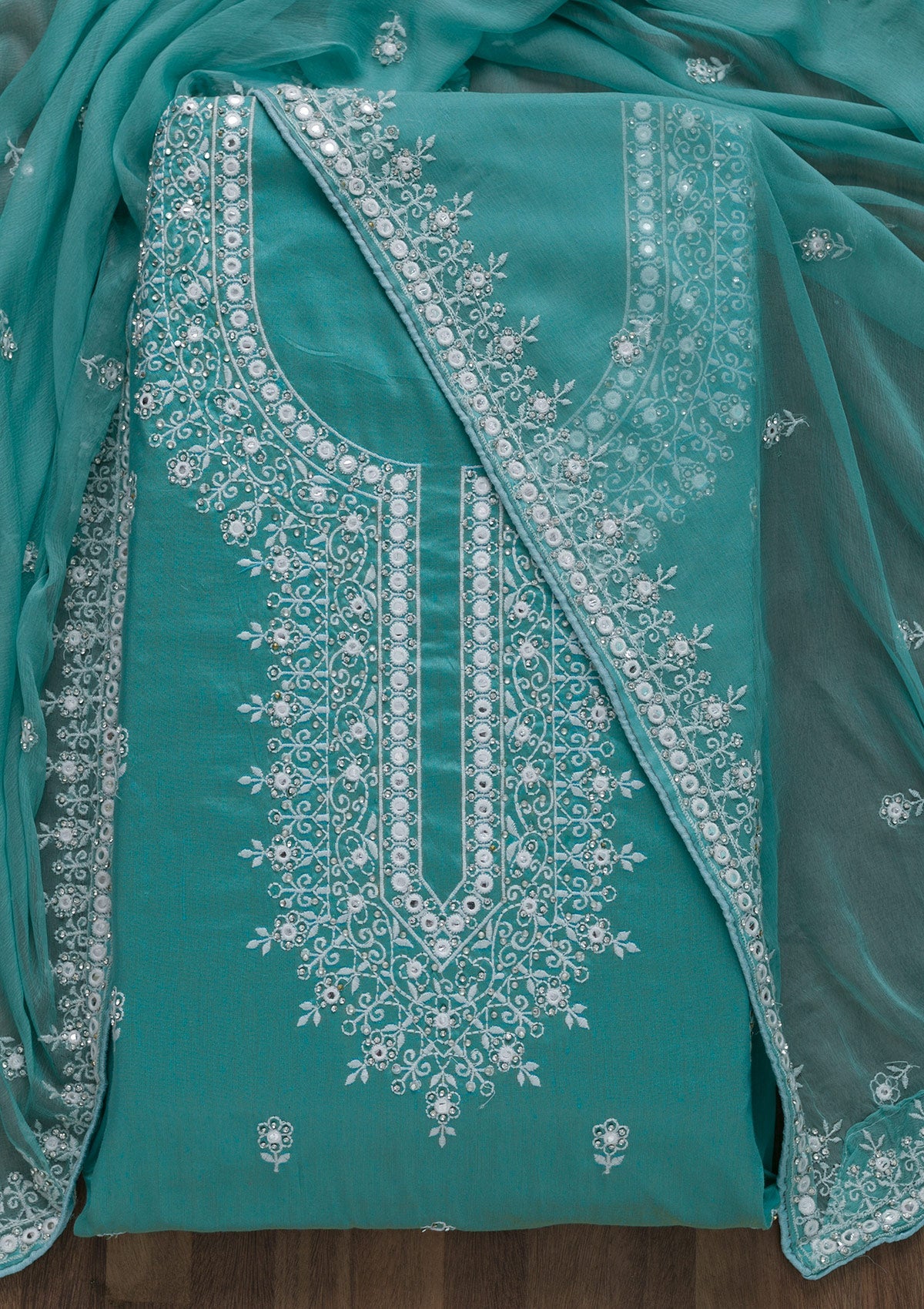 Sea Green Silver Stonework Cotton Semi-Stitched Salwar Suit-Koskii