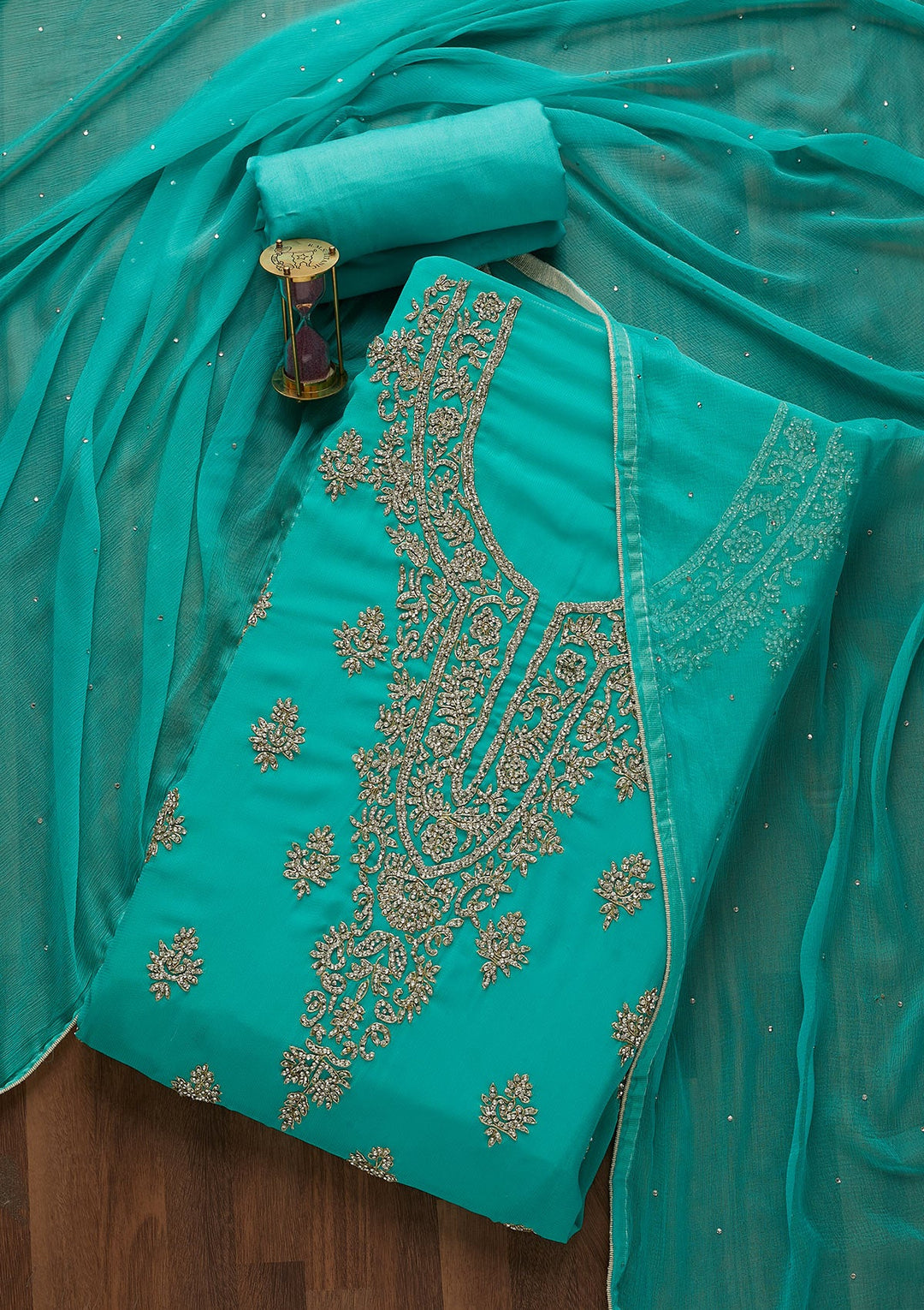 Sea Green Silver Stonework Georgette Unstitched Salwar Suit-Koskii