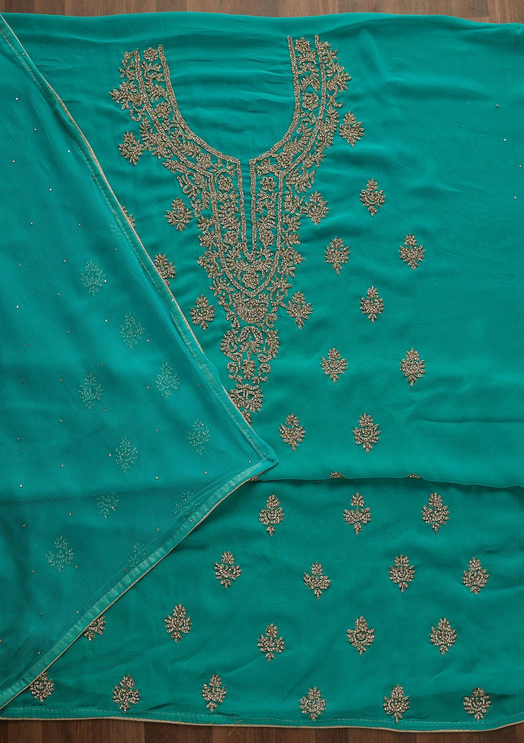 Sea Green Silver Stonework Georgette Unstitched Salwar Suit-Koskii