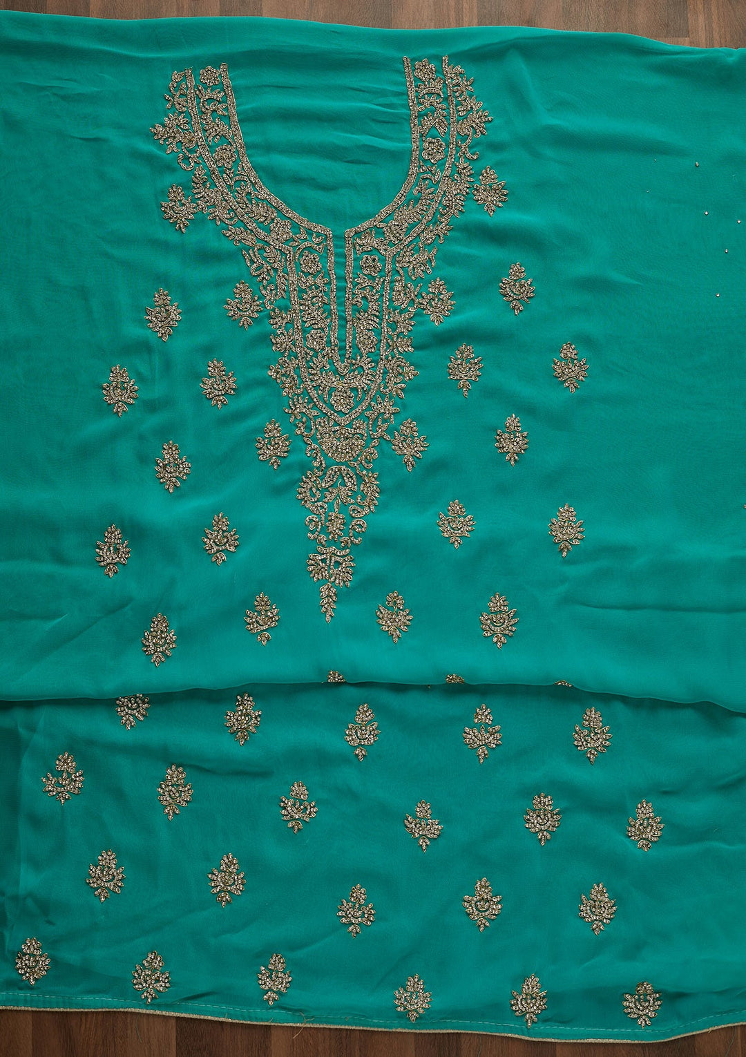 Sea Green Silver Stonework Georgette Unstitched Salwar Suit-Koskii