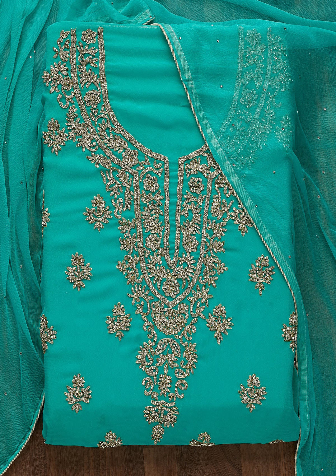 Sea Green Silver Stonework Georgette Unstitched Salwar Suit-Koskii