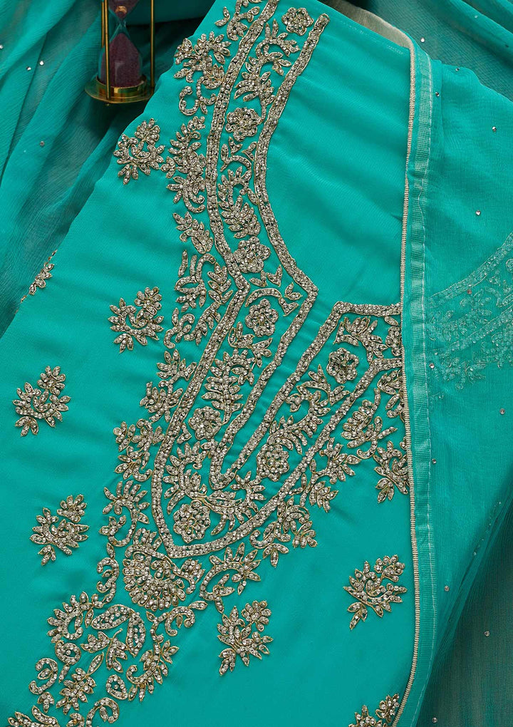Sea Green Silver Stonework Georgette Unstitched Salwar Suit-Koskii