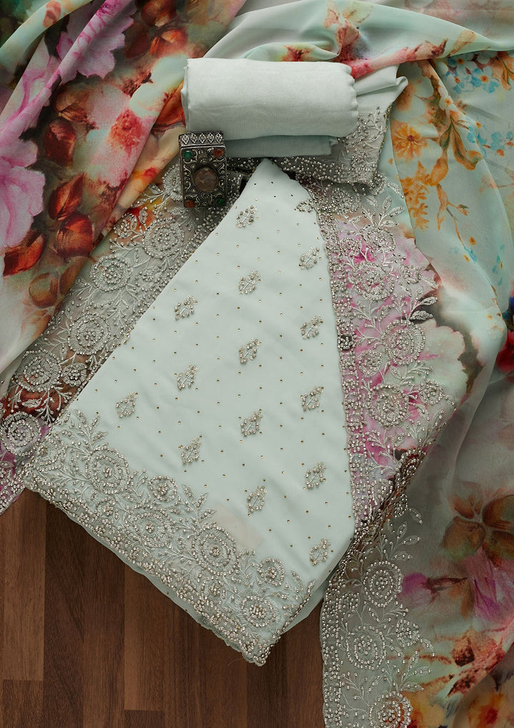 Sea Green Silver Stonework Georgette Unstitched Salwar Suit-Koskii