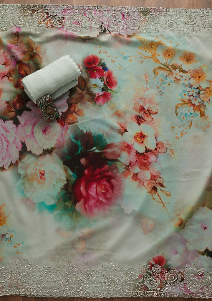 Sea Green Silver Stonework Georgette Unstitched Salwar Suit-Koskii