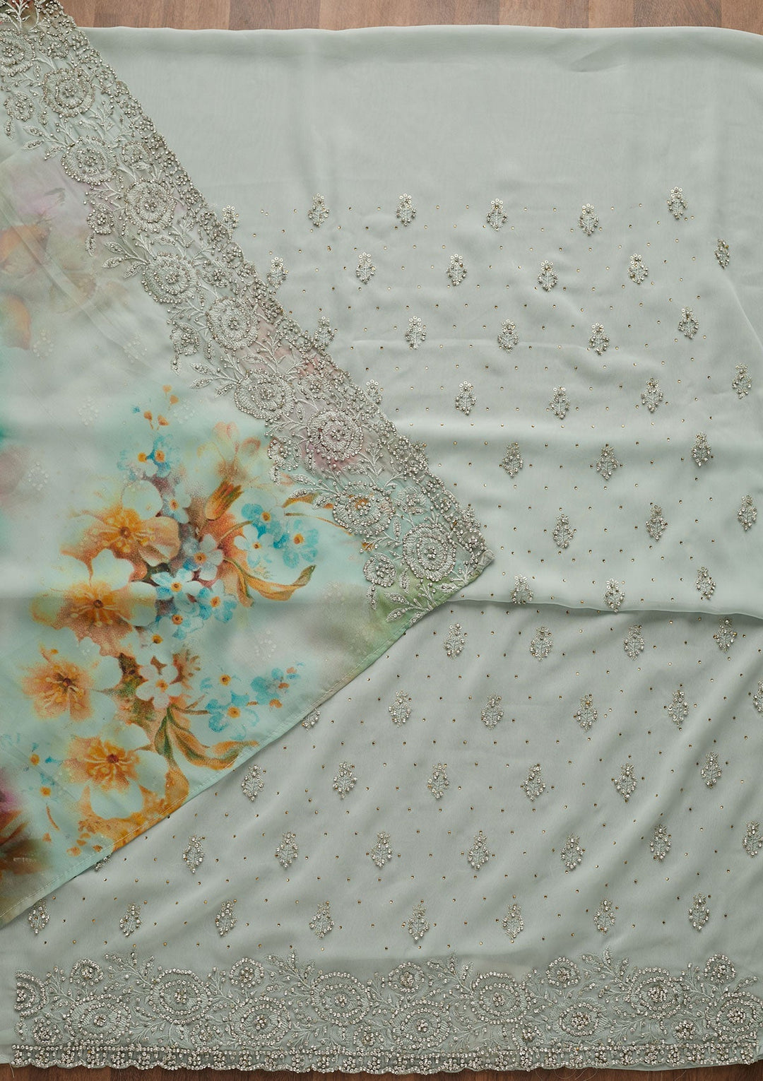 Sea Green Silver Stonework Georgette Unstitched Salwar Suit-Koskii