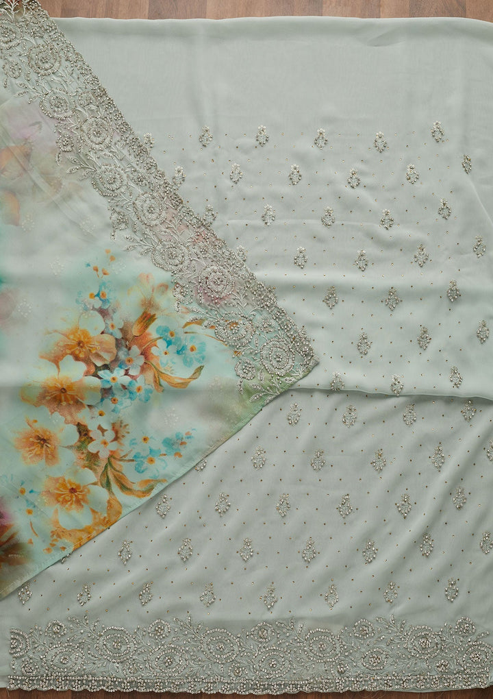 Sea Green Silver Stonework Georgette Unstitched Salwar Suit-Koskii