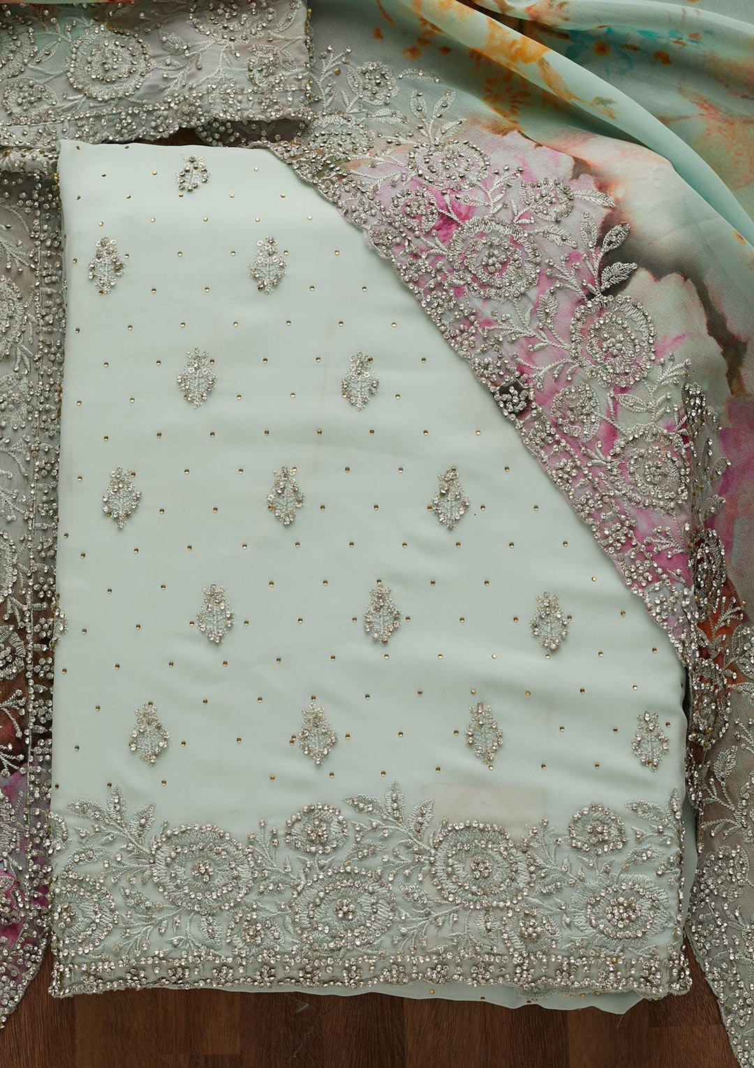 Sea Green Silver Stonework Georgette Unstitched Salwar Suit-Koskii