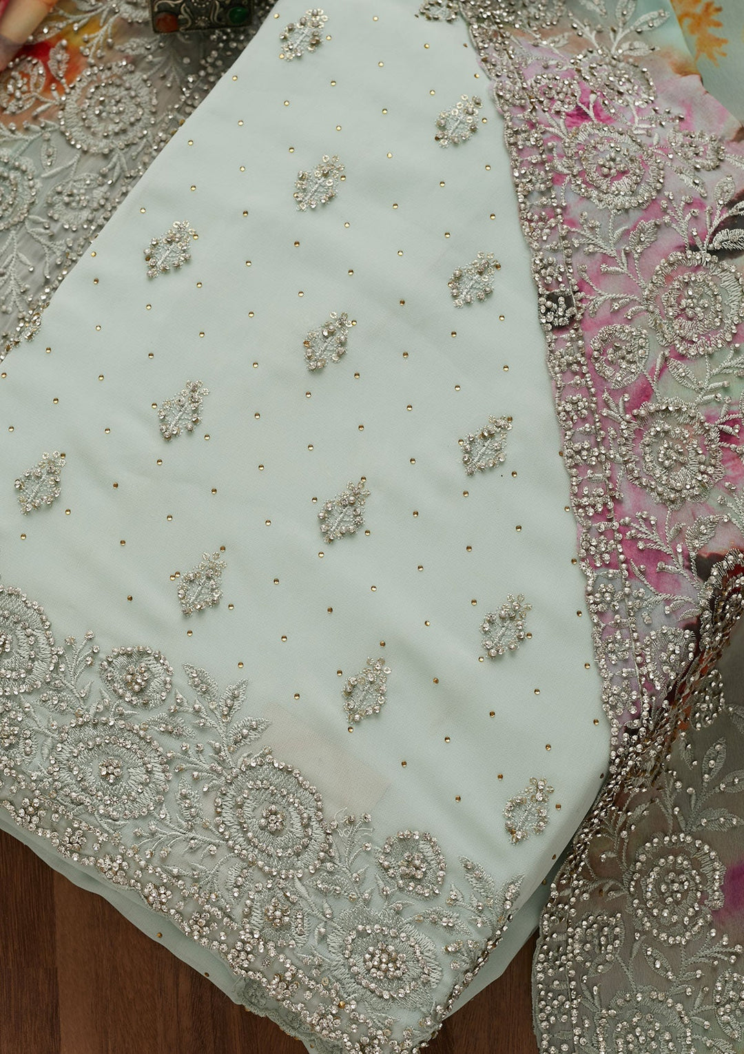 Sea Green Silver Stonework Georgette Unstitched Salwar Suit-Koskii