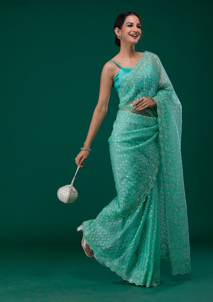 Sea Green Silver Stonework Georgette Saree-Koskii