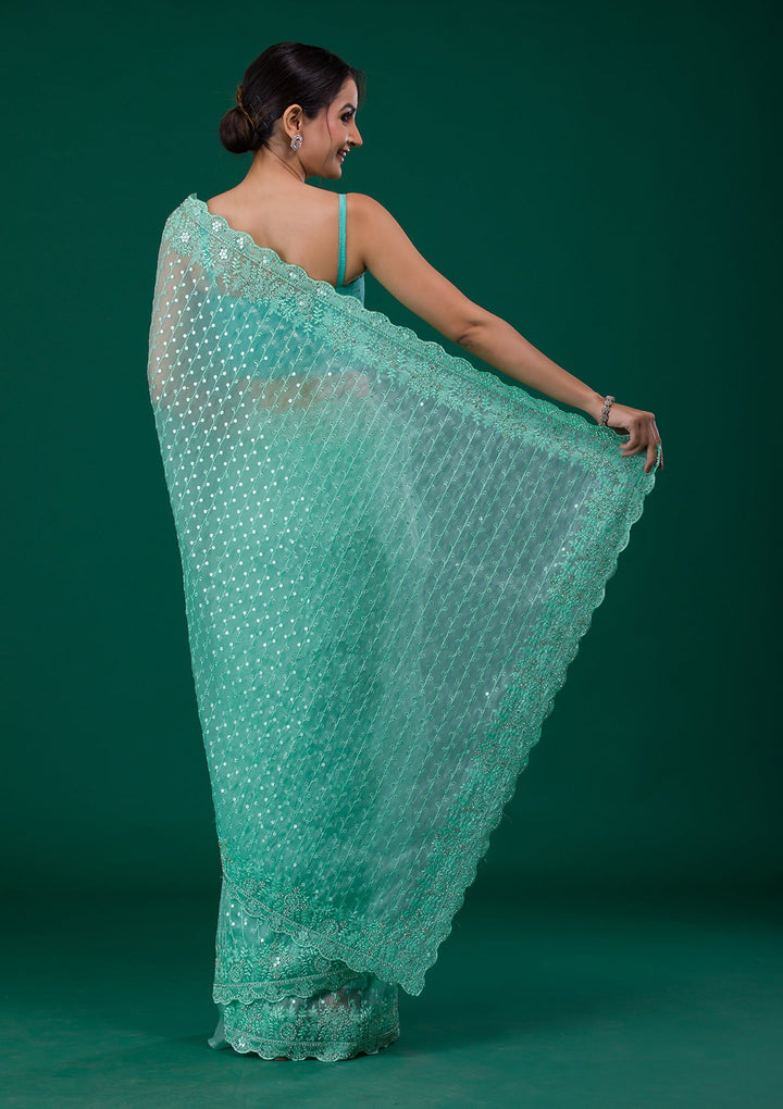 Sea Green Silver Stonework Georgette Saree-Koskii