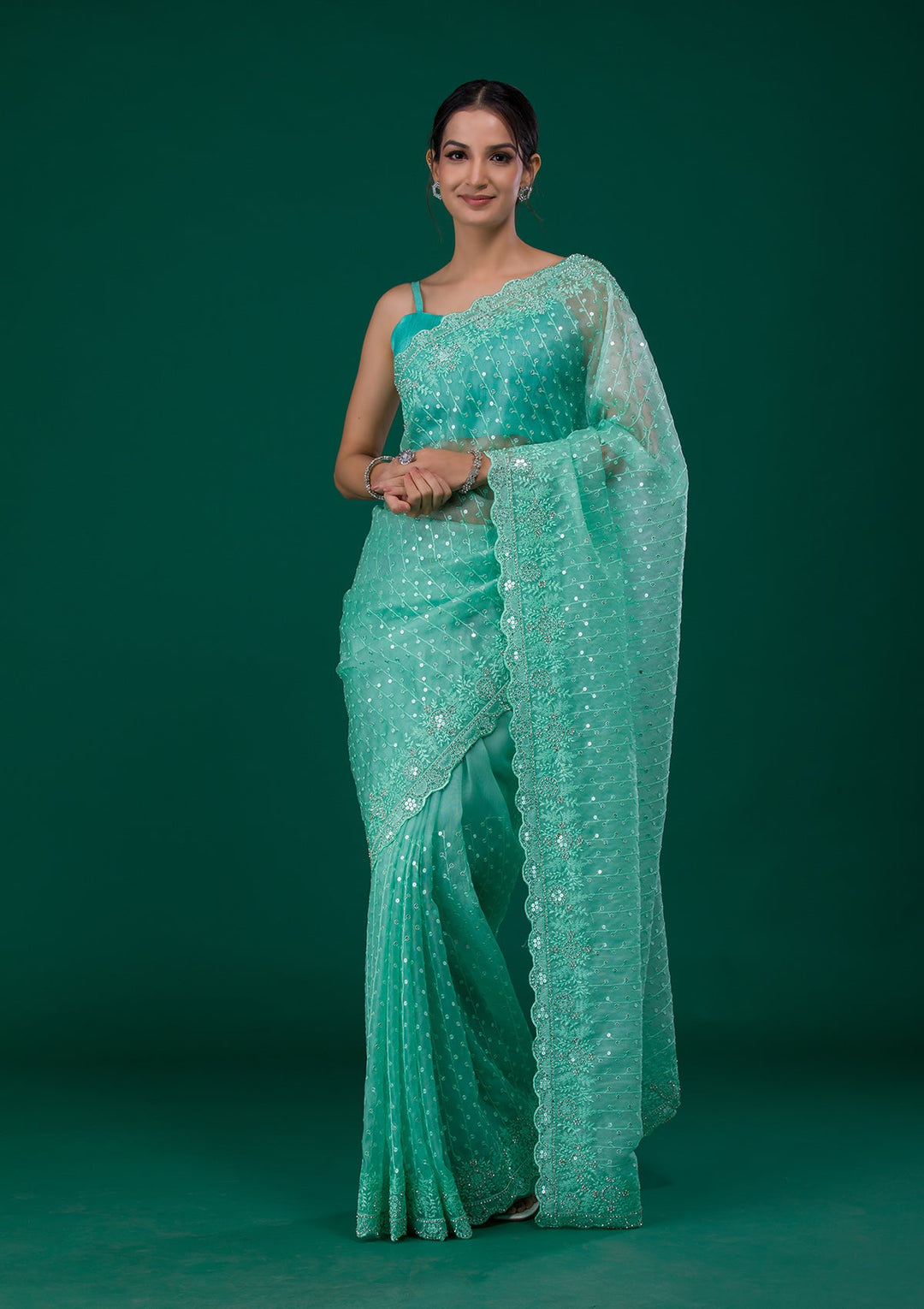 Sea Green Silver Stonework Georgette Saree-Koskii