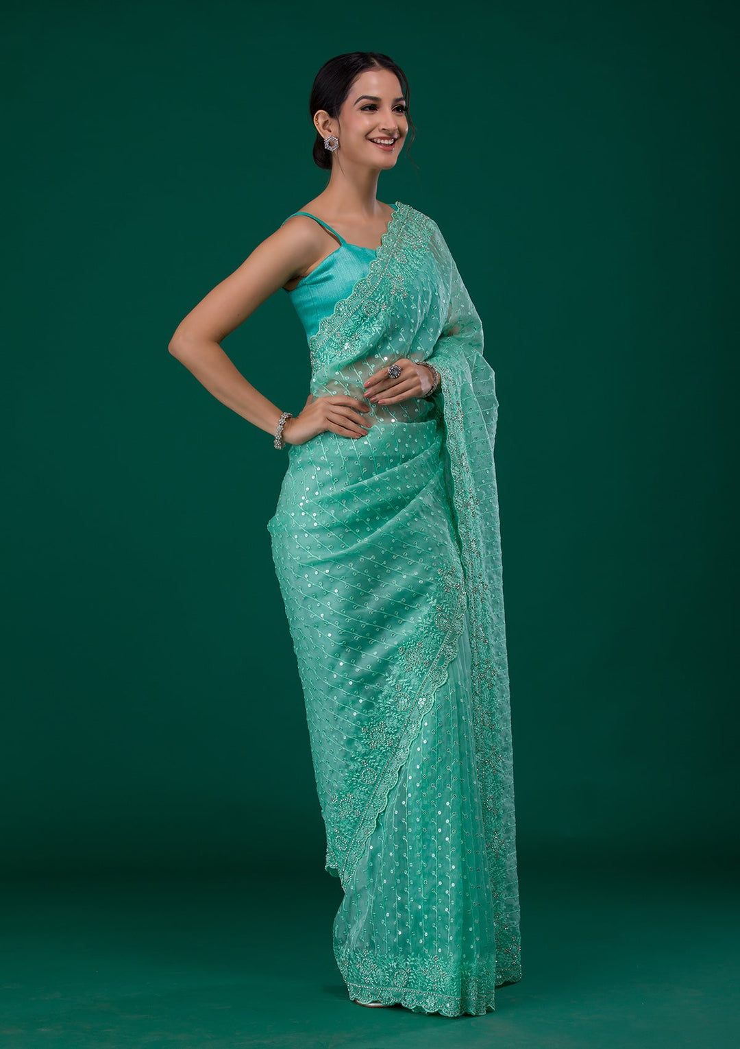 Sea Green Silver Stonework Georgette Saree-Koskii
