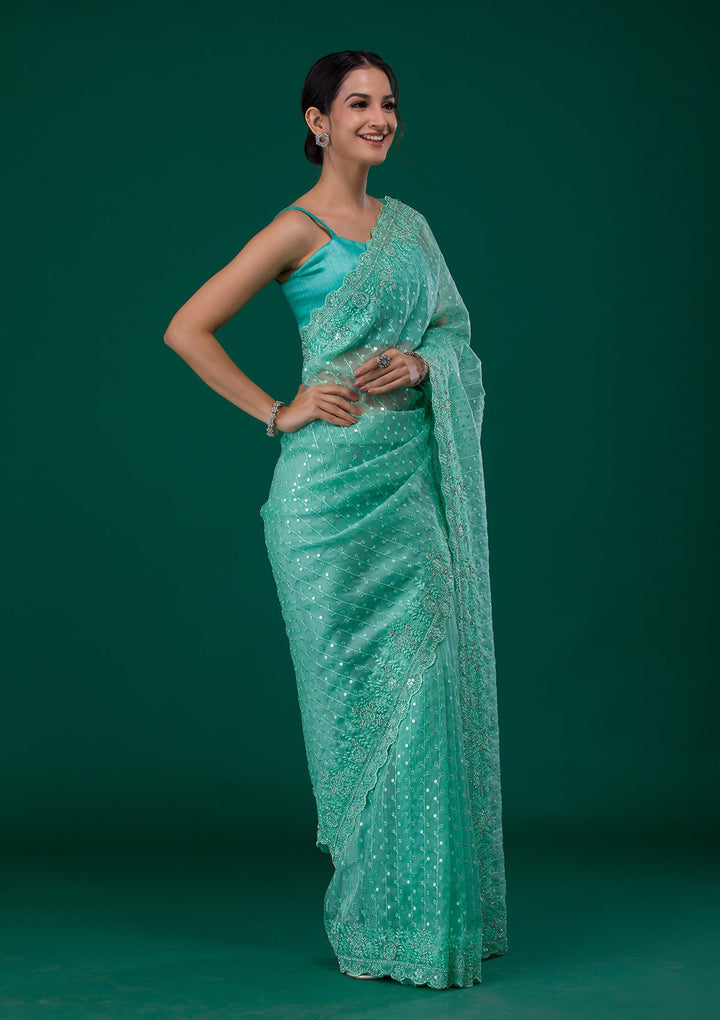 Sea Green Silver Stonework Georgette Saree-Koskii