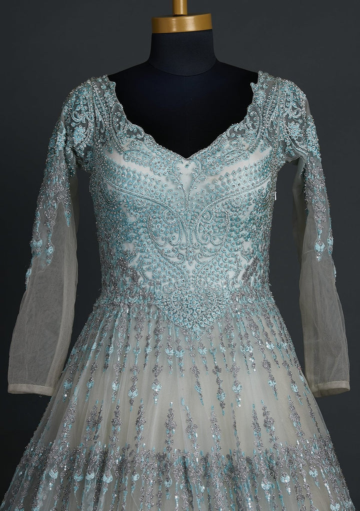 Sea Green Silver Stonework Net Designer Gown - koskii
