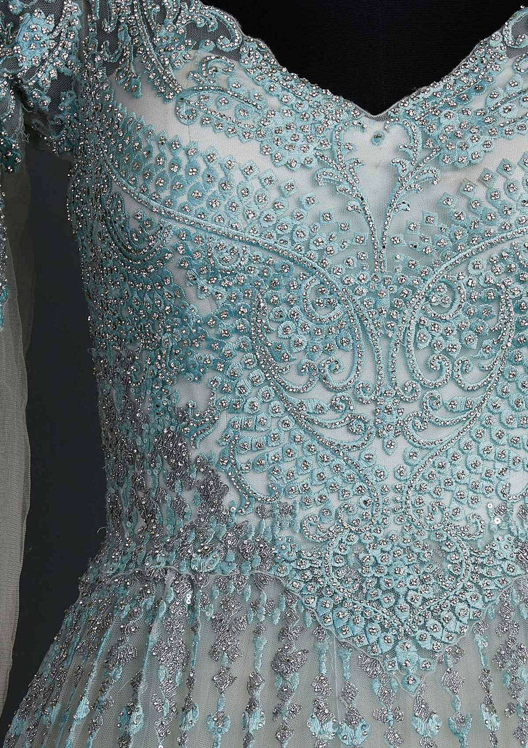 Sea Green Silver Stonework Net Designer Gown - koskii