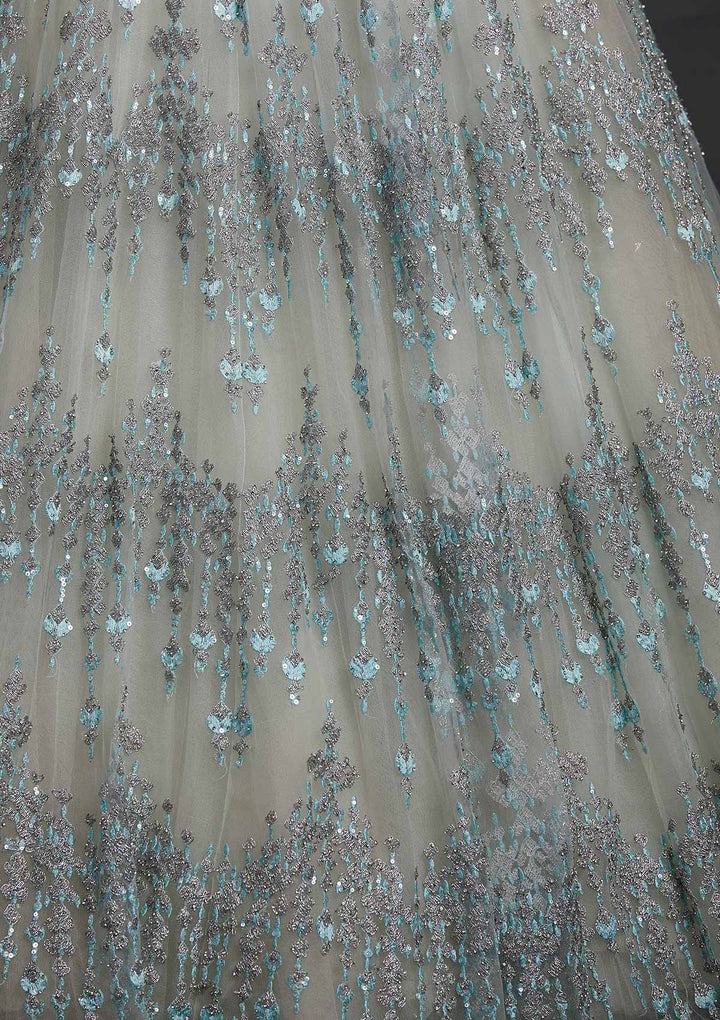 Sea Green Silver Stonework Net Designer Gown - koskii