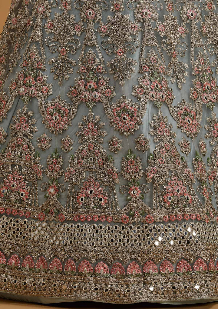 Sea Green Silver Stonework Net Designer Semi-Stitched Lehenga - koskii