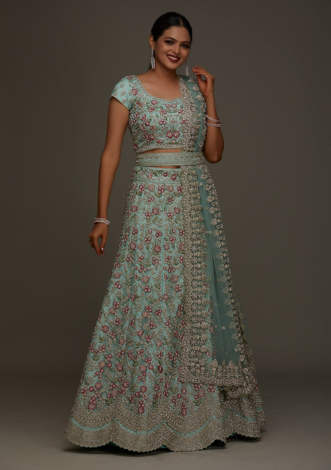 Sea Green Silver Stonework Net Designer Semi-Stitched Lehenga- Koskii