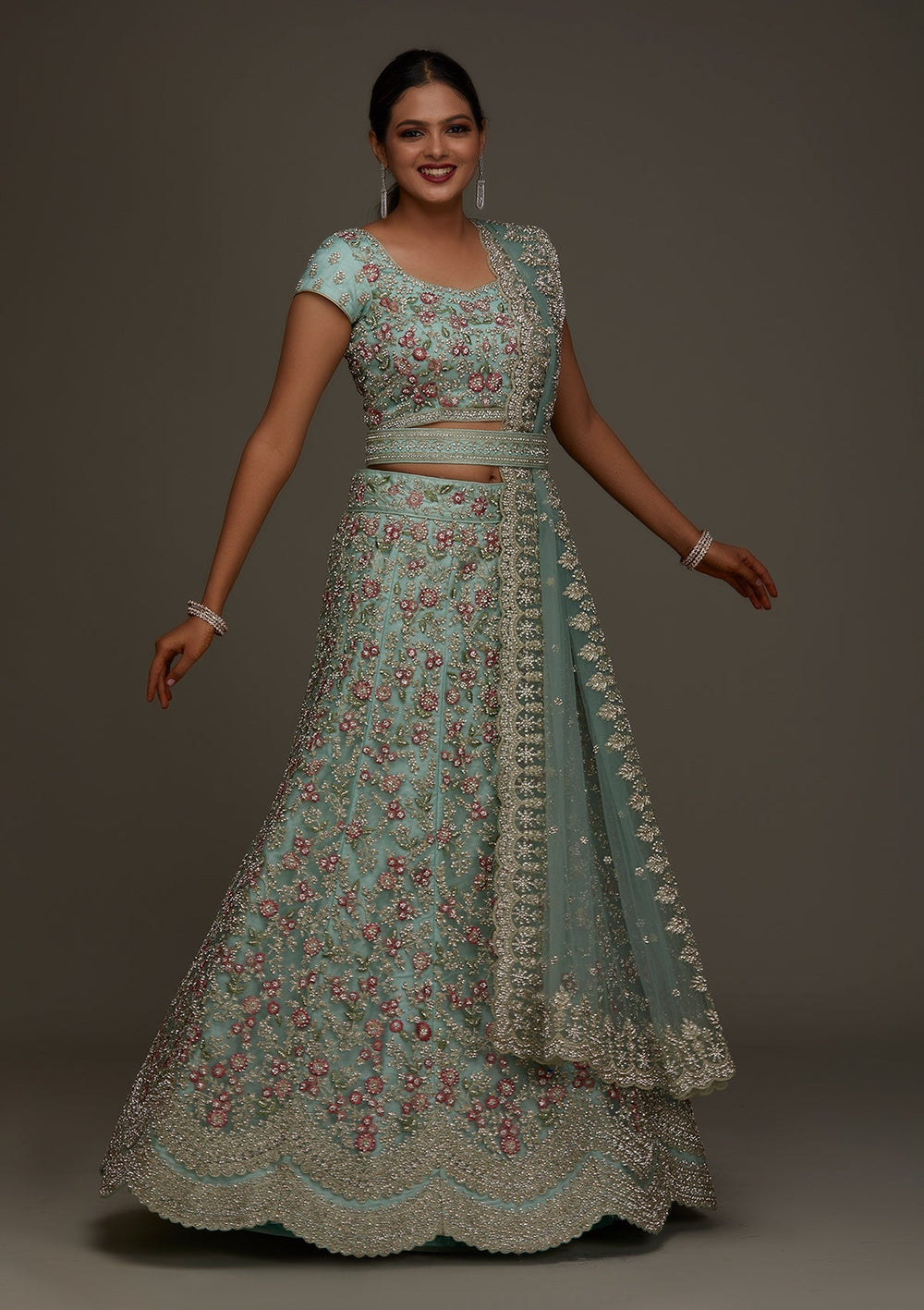 Sea Green Silver Stonework Net Designer Semi-Stitched Lehenga - Koskii