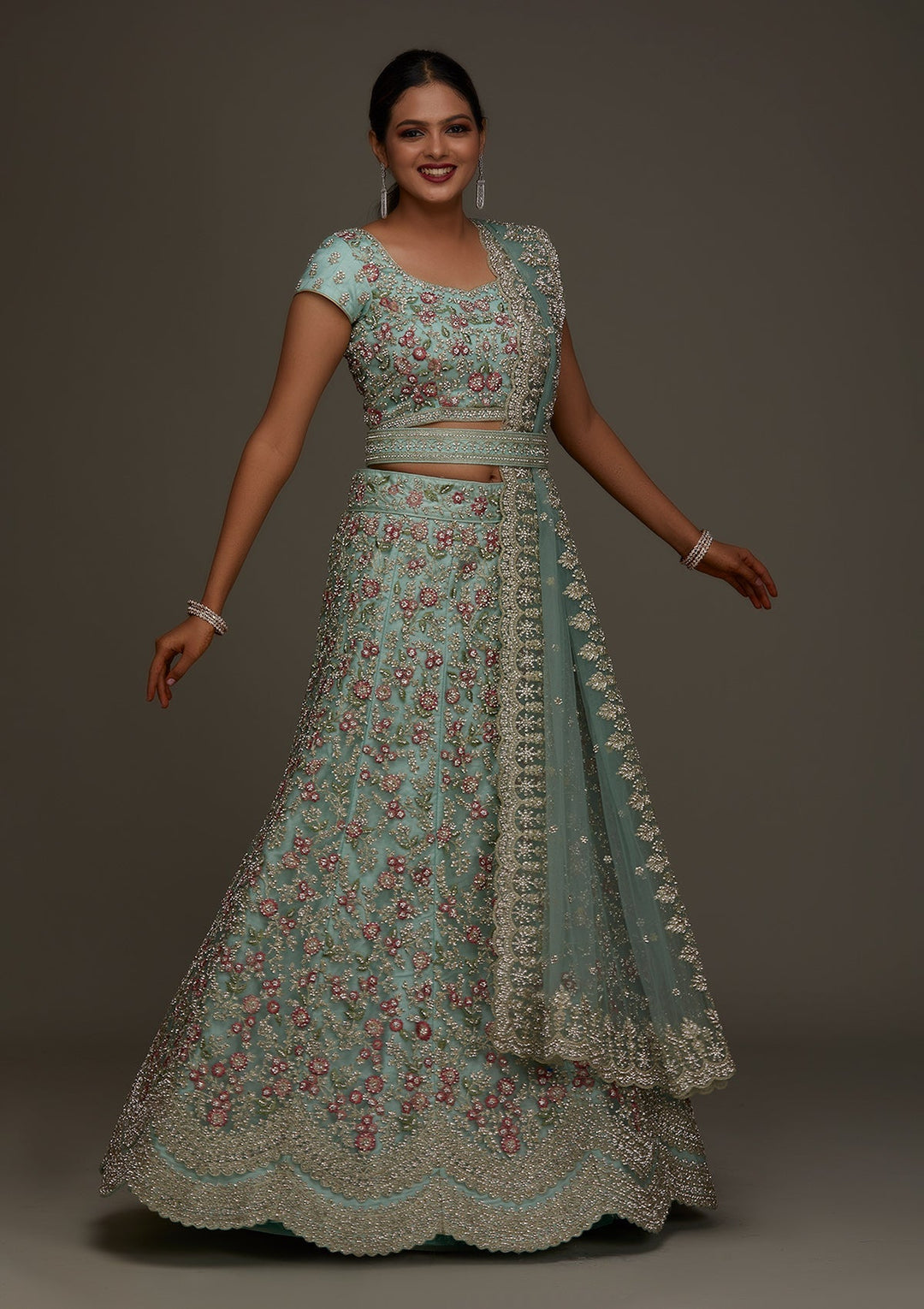 Sea Green Silver Stonework Net Designer Semi-Stitched Lehenga - Koskii