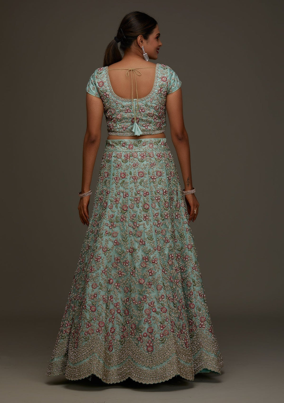 Sea Green Silver Stonework Net Designer Semi-Stitched Lehenga - Koskii
