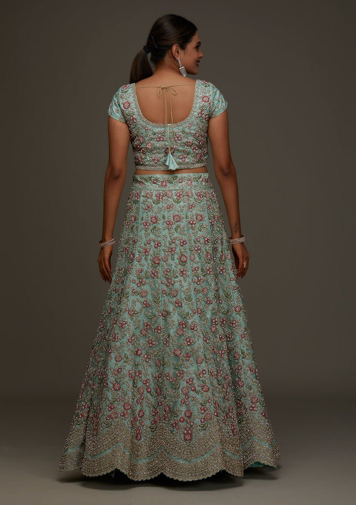 Sea Green Silver Stonework Net Designer Semi-Stitched Lehenga - Koskii