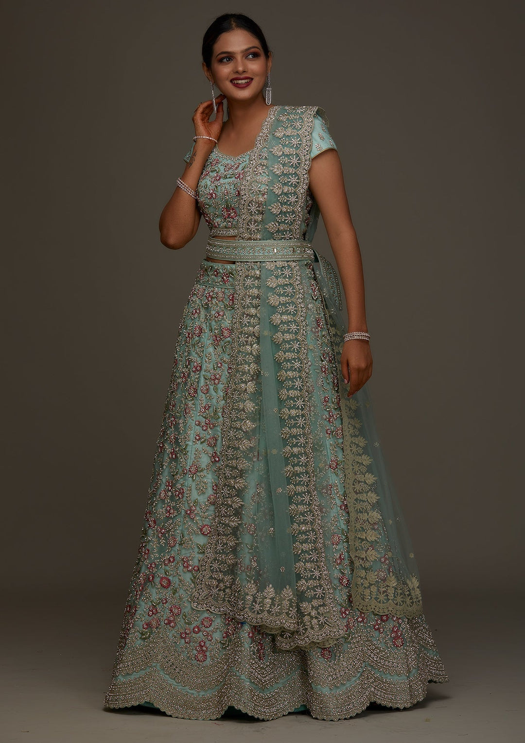 Sea Green Silver Stonework Net Designer Semi-Stitched Lehenga - Koskii
