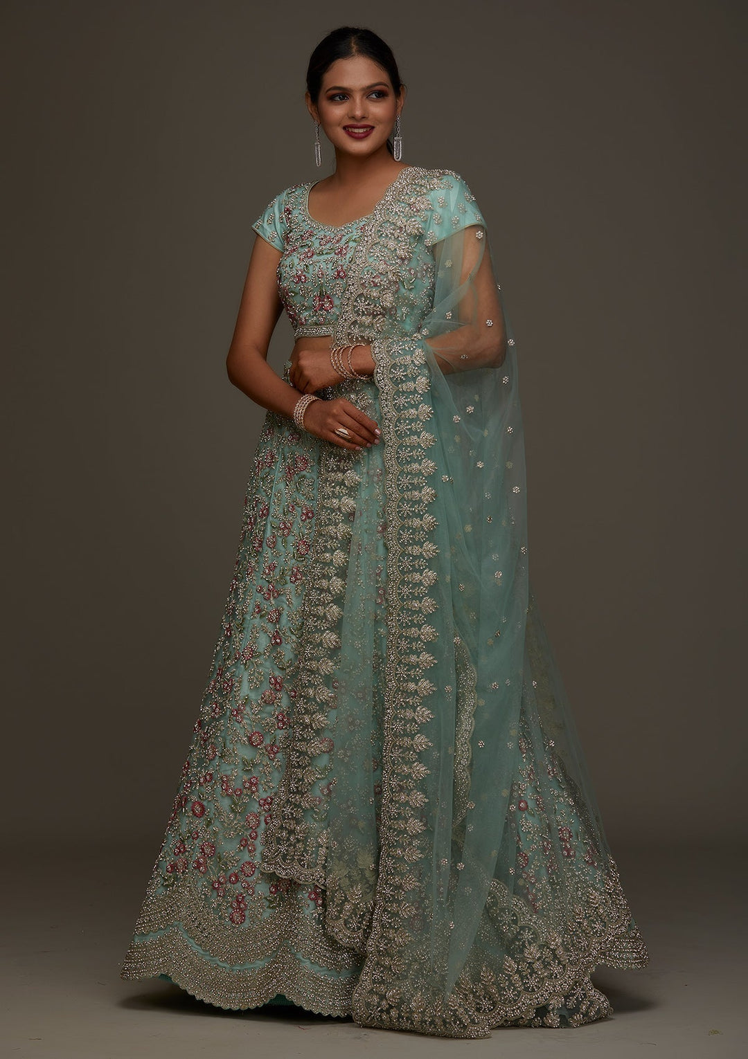 Sea Green Silver Stonework Net Designer Semi-Stitched Lehenga - Koskii