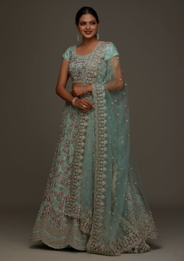 Sea Green Silver Stonework Net Designer Semi-Stitched Lehenga - Koskii