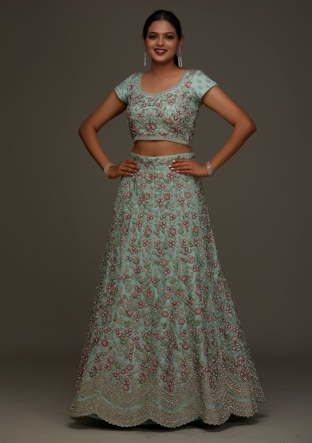 Sea Green Silver Stonework Net Designer Semi-Stitched Lehenga - Koskii