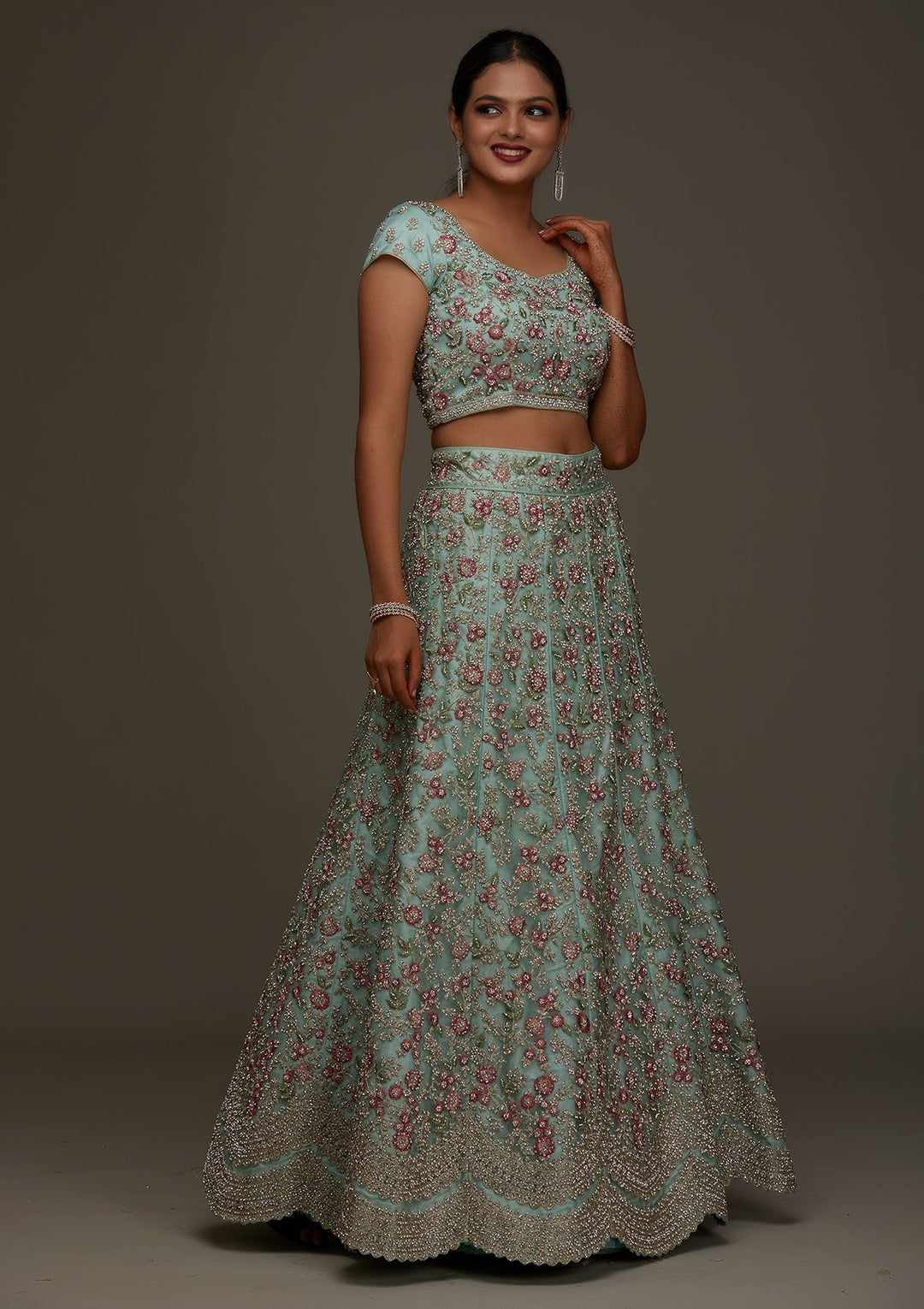 Sea Green Silver Stonework Net Designer Semi-Stitched Lehenga - Koskii
