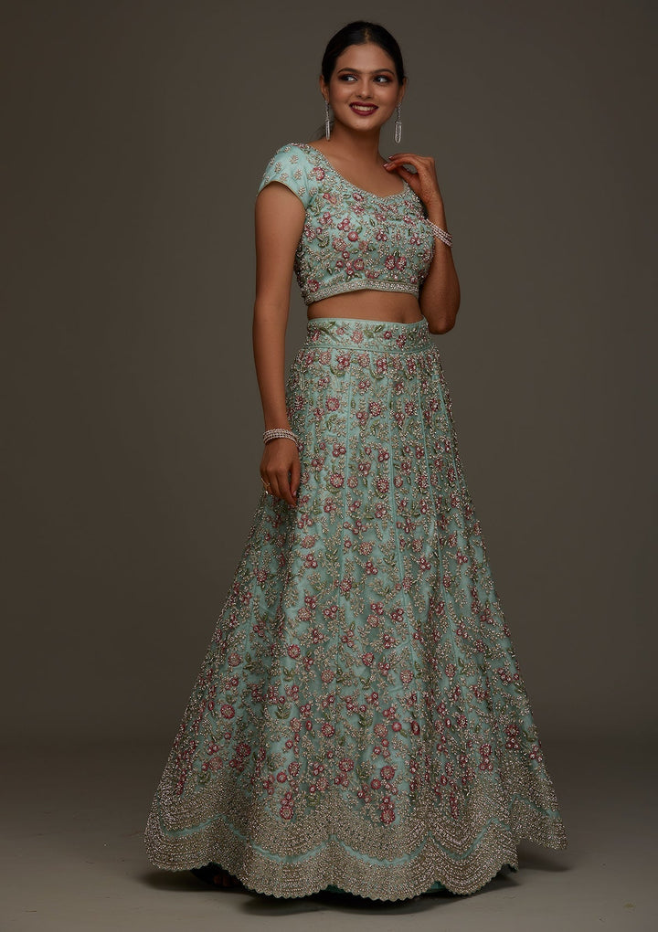 Sea Green Silver Stonework Net Designer Semi-Stitched Lehenga - Koskii