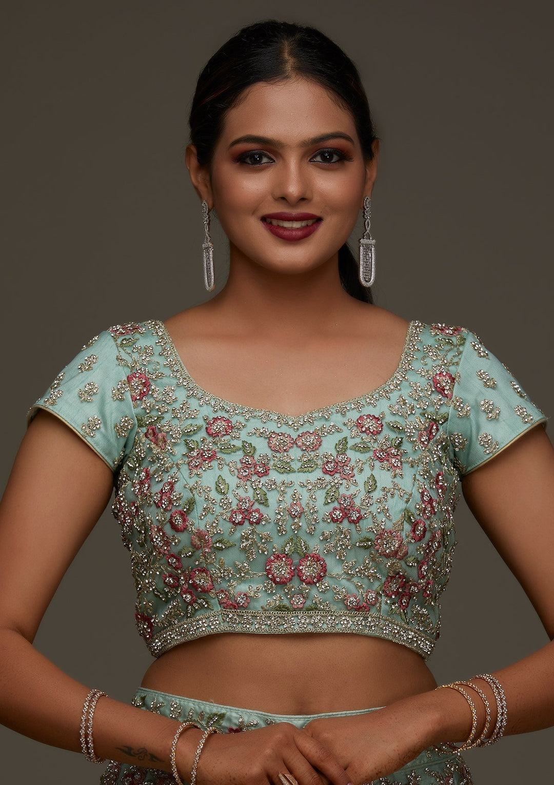 Sea Green Silver Stonework Net Designer Semi-Stitched Lehenga - Koskii