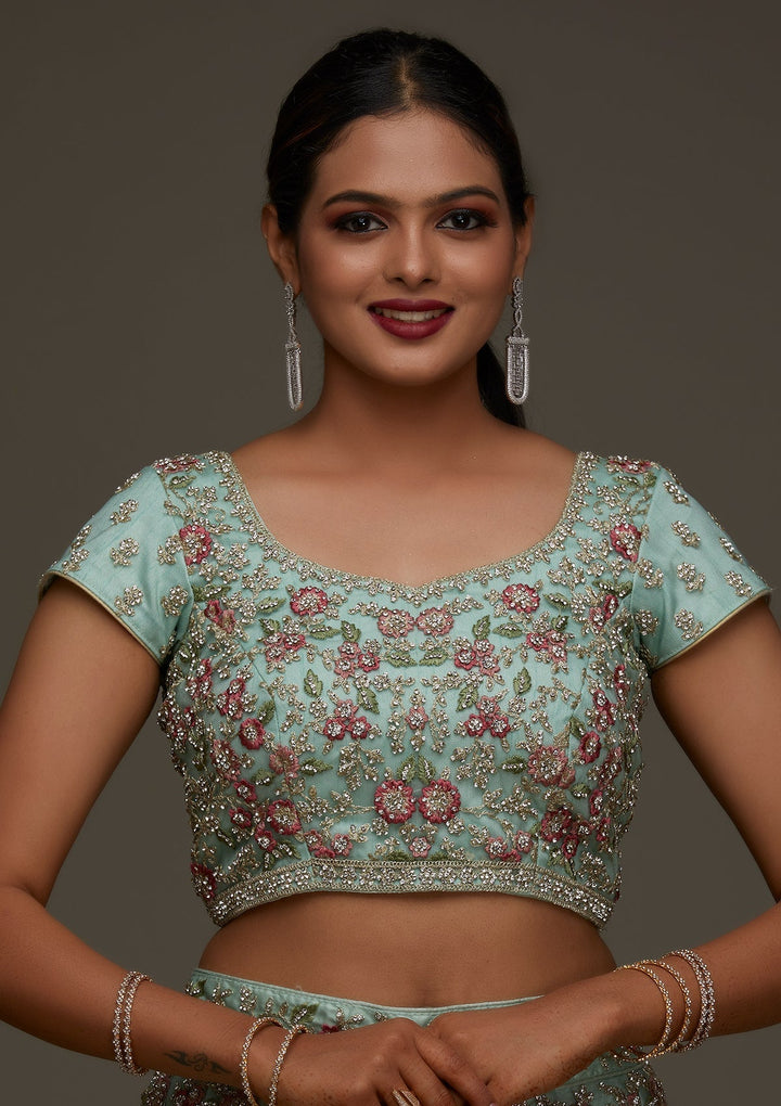 Sea Green Silver Stonework Net Designer Semi-Stitched Lehenga - Koskii