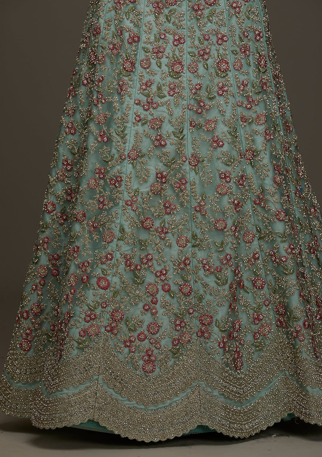 Sea Green Silver Stonework Net Designer Semi-Stitched Lehenga - Koskii