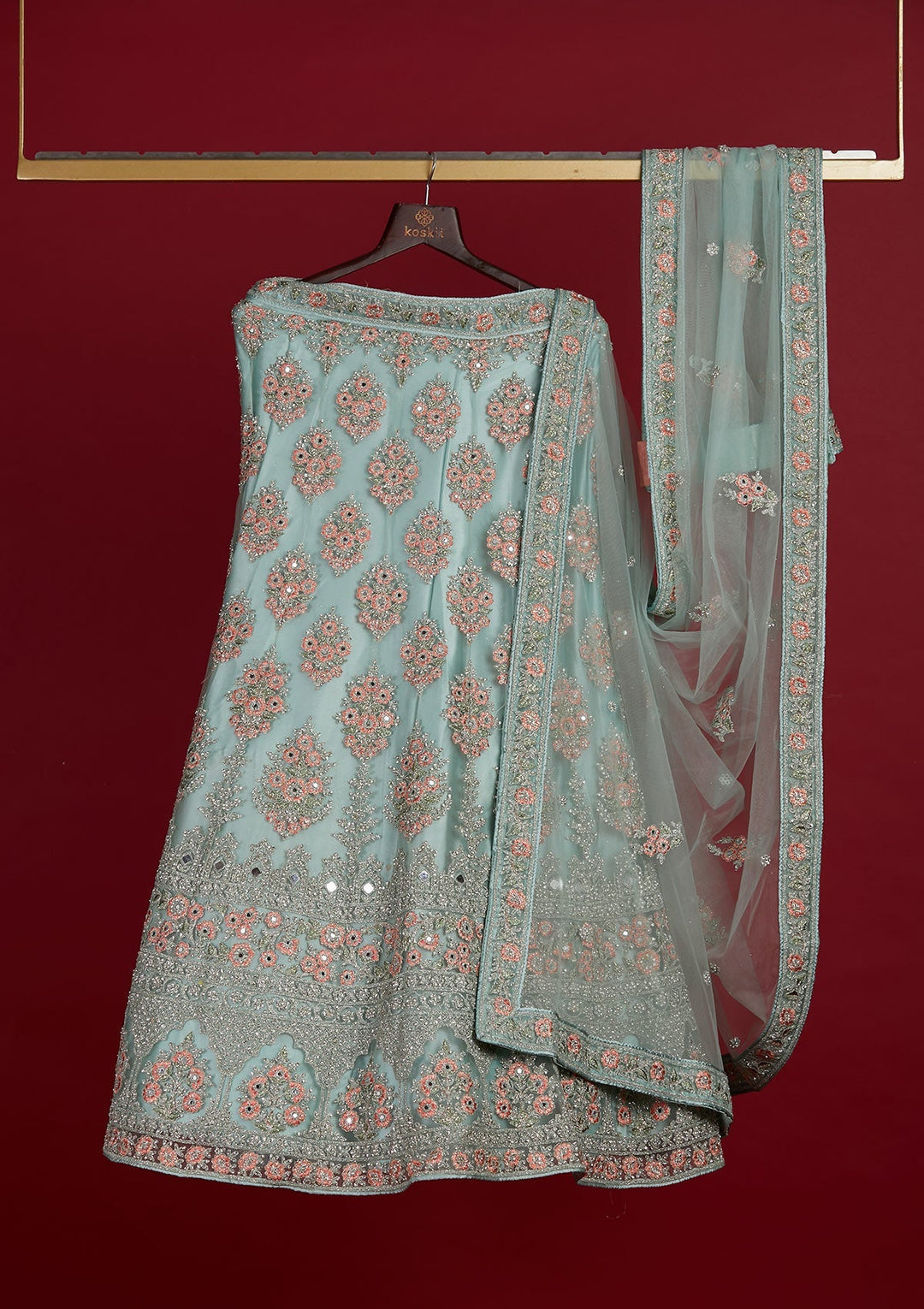 Sea Green Silver Stonework Net Designer Semi-Stitched Lehenga - Koskii