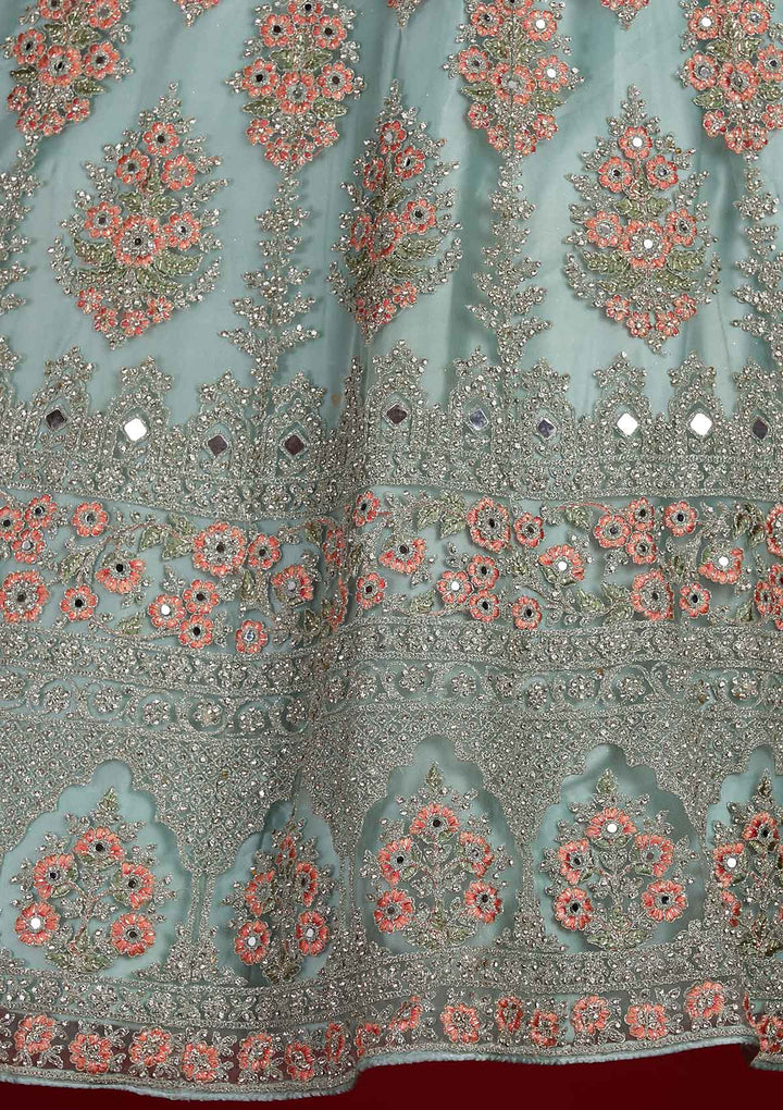 Sea Green Silver Stonework Net Designer Semi-Stitched Lehenga - Koskii