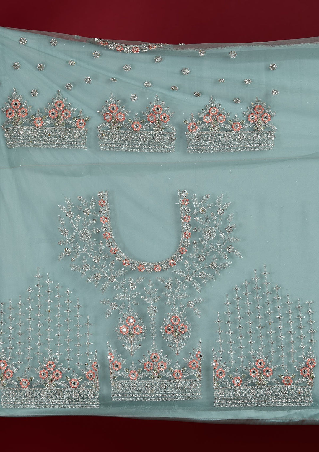 Sea Green Silver Stonework Net Designer Semi-Stitched Lehenga - Koskii