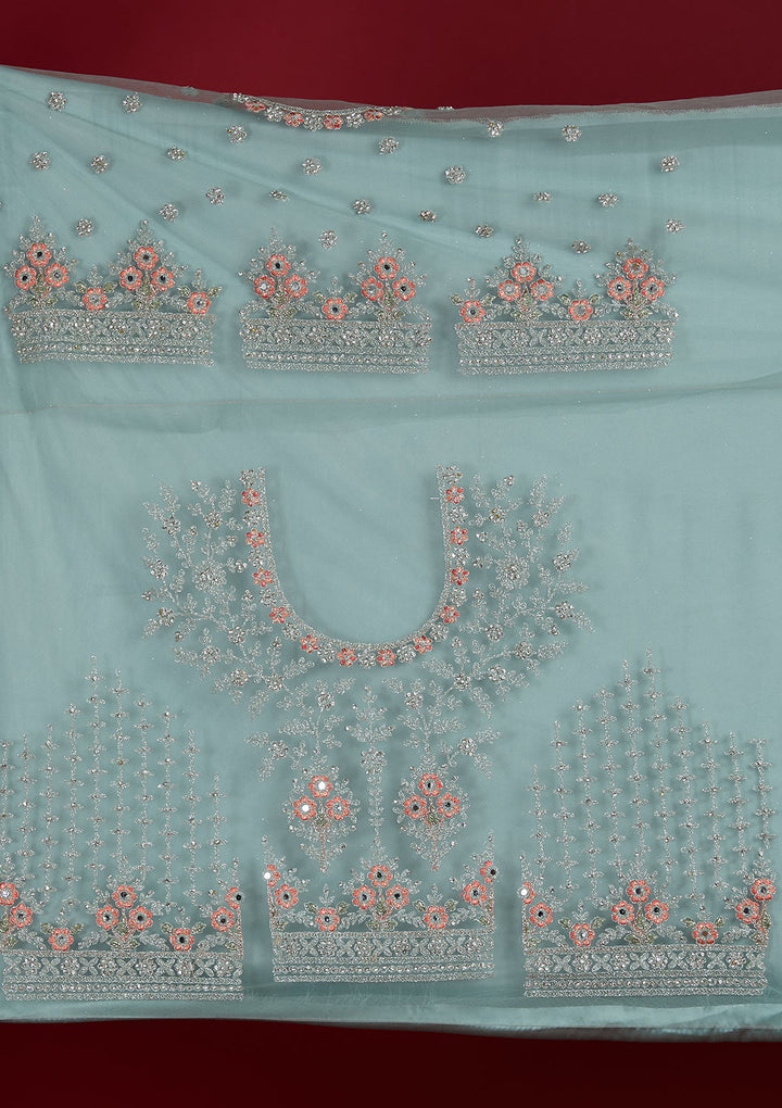 Sea Green Silver Stonework Net Designer Semi-Stitched Lehenga - Koskii